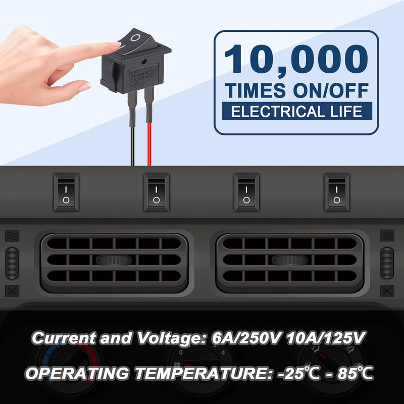 VEXUNGA Rocker Switch 12V Toggle Switch ON Off KCD1 Mini Rocker Switches 2 Pin AC 6A 250V 10A 125V SPST 2 Position Black Square (5Pcs with Leads 5Pcs Without Wires) - Image 4